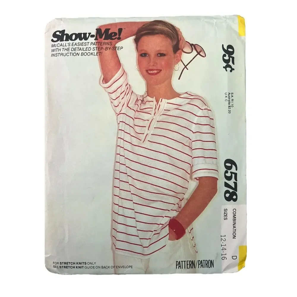 6578 Vintage McCalls SEWING Pattern 1980s Pullover Knit T Shirt Henley 12-14-16